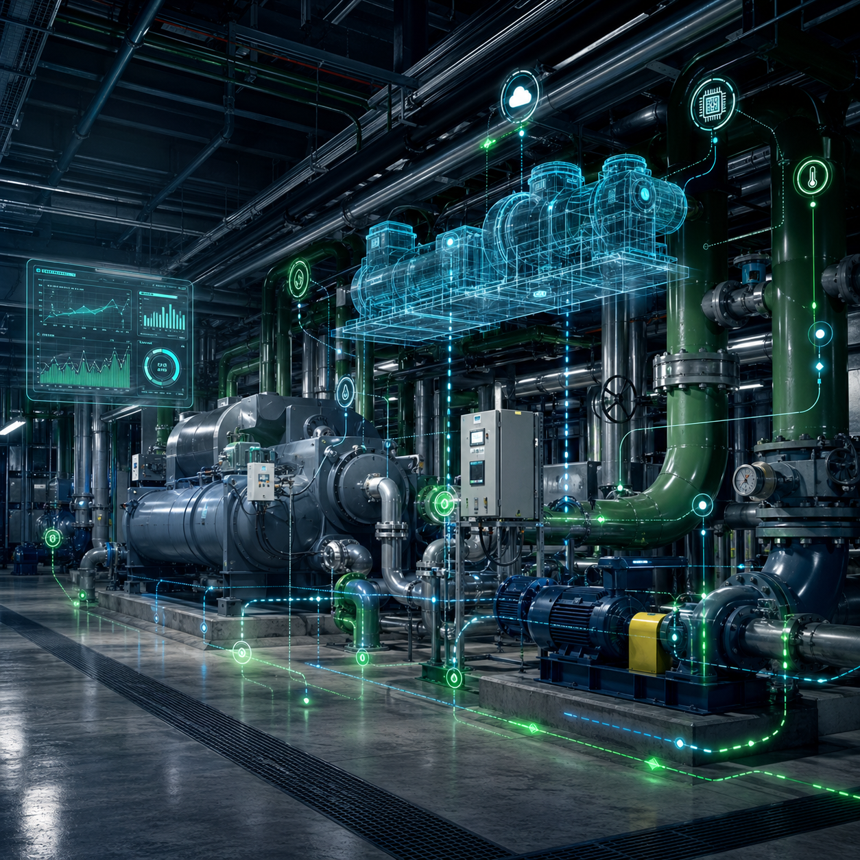 AI HVAC optimization layer coordinating chillers, pumps, cooling towers, and BAS telemetry