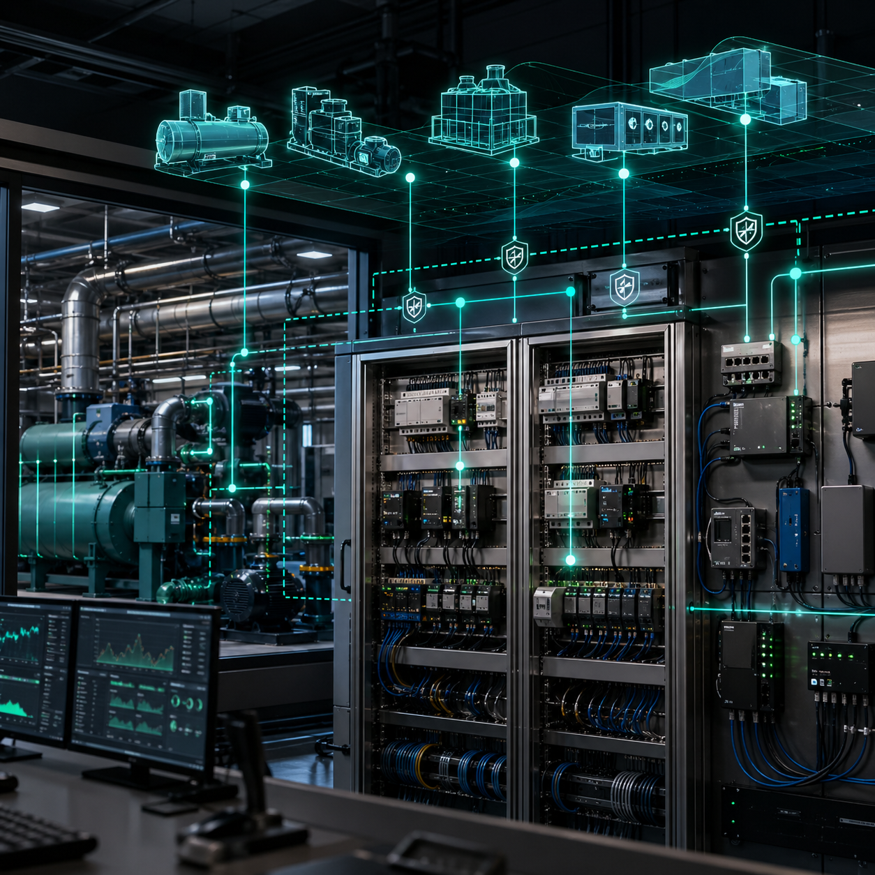 BAS supervisory AI layer coordinating existing controllers, gateways, and HVAC equipment