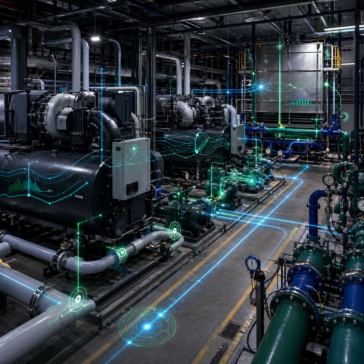Chiller plant optimization coordinating chillers, pumps, towers, and hydronic loops