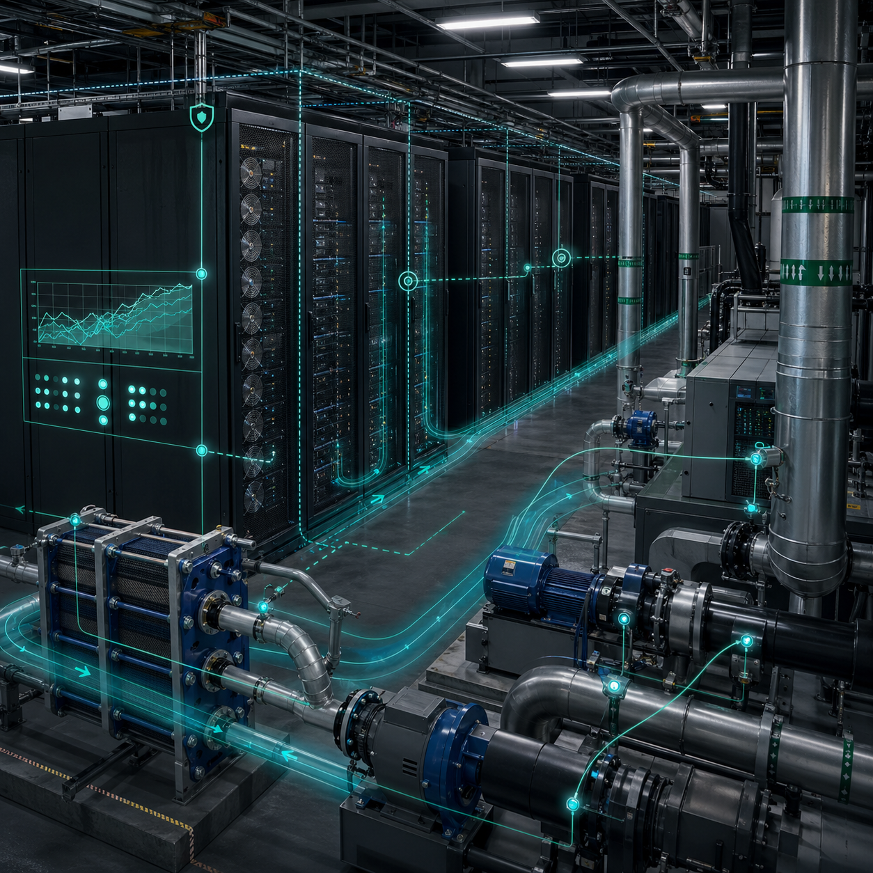 Data center cooling optimization across racks, CRAH units, chilled-water piping, and reliability guardrails