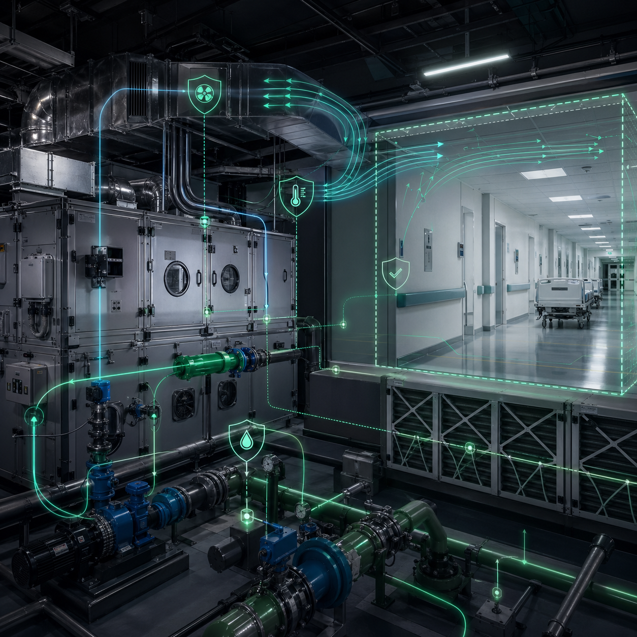 Hospital HVAC optimization preserving ventilation, pressure relationships, and mechanical plant constraints