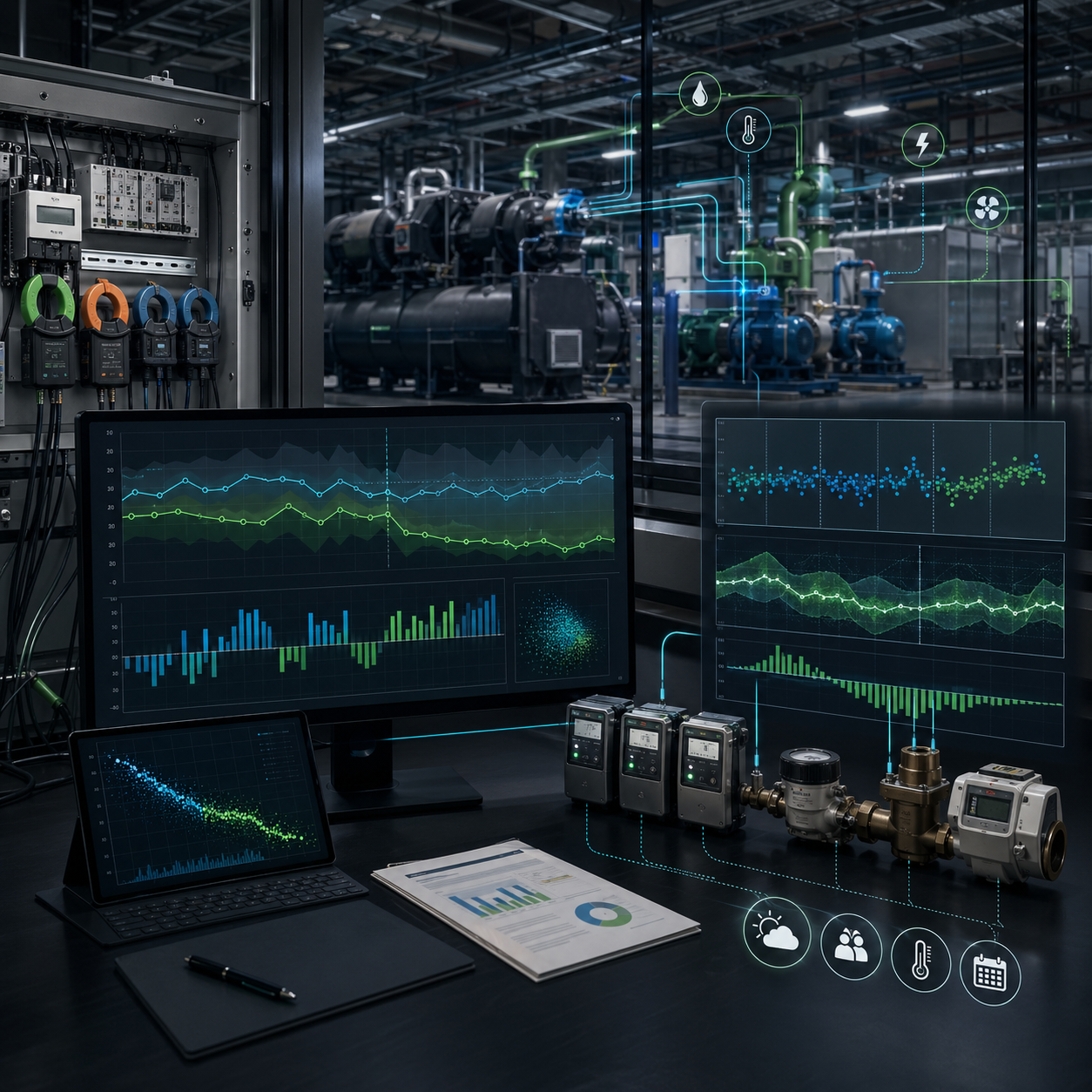 HVAC energy savings measurement with metering, baselines, and optimized plant operation
