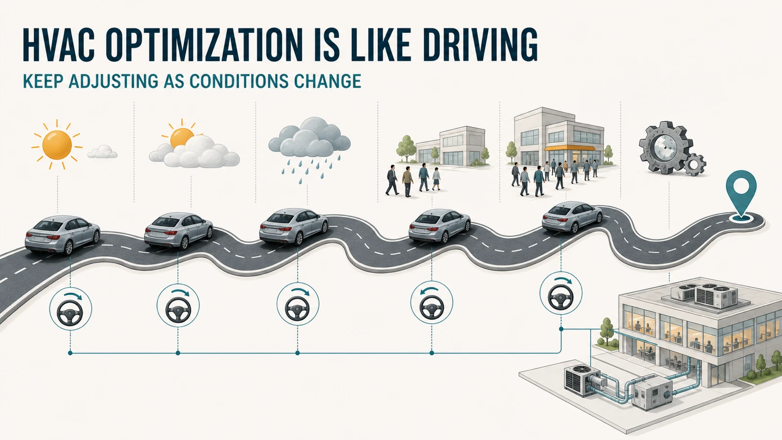 A car following a changing road while making small steering adjustments as weather, occupancy, building use, and equipment conditions change