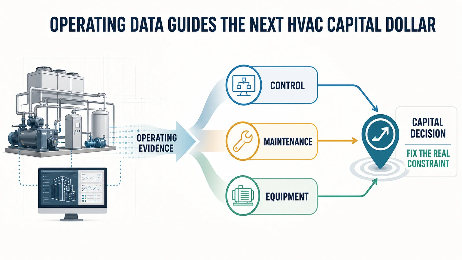 HVAC operating evidence separating control, maintenance, and equipment constraints before guiding a focused capital investment decision