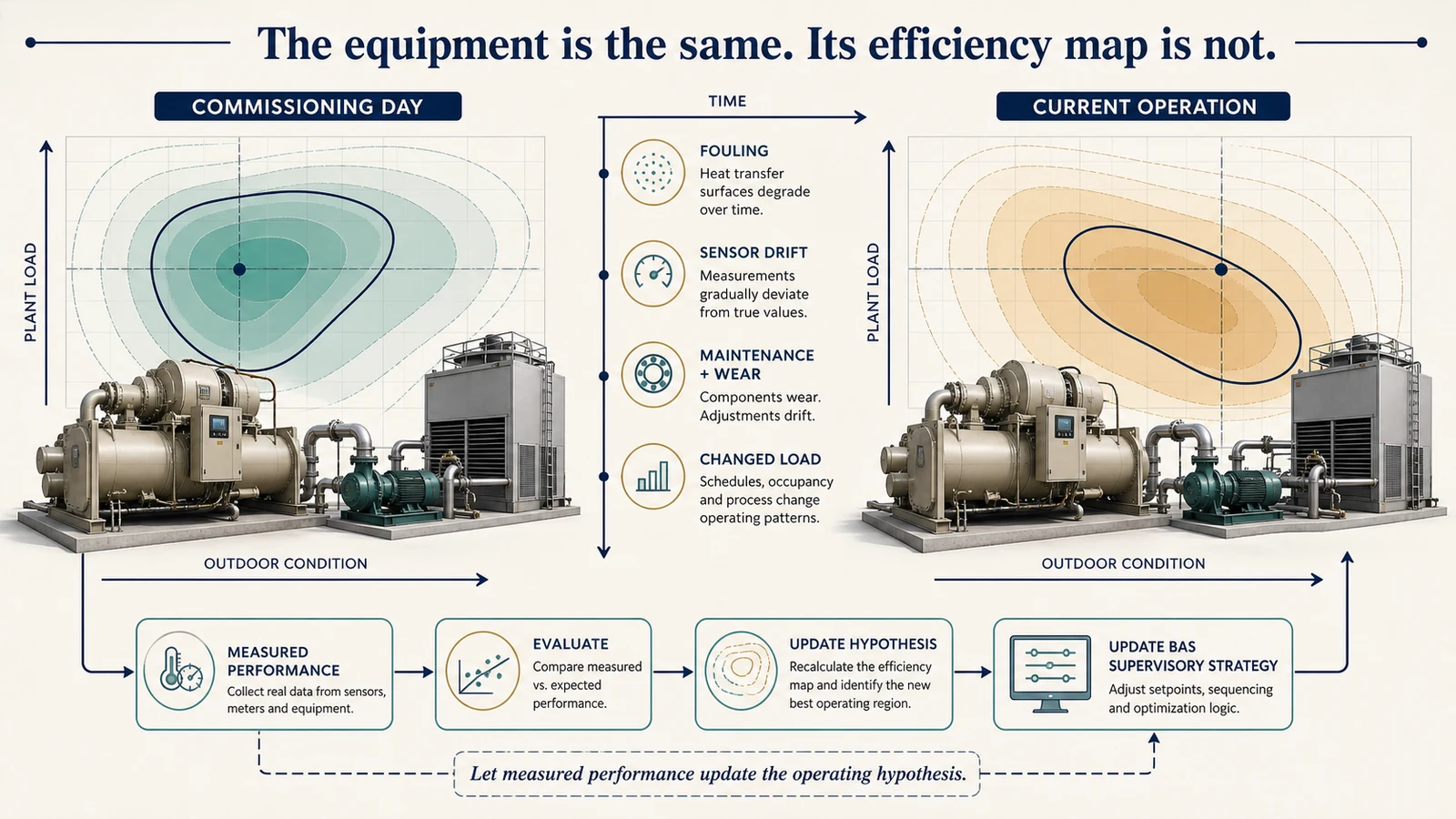 Same central plant shown against shifting efficiency maps from commissioning day to current operation
