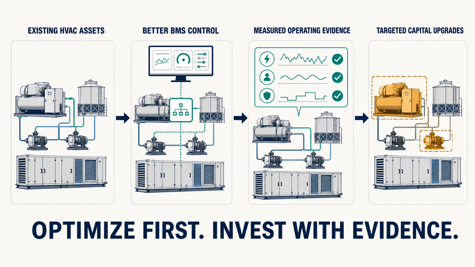 معدات HVAC القائمة تنتقل عبر تحكم BMS أفضل وأدلة تشغيل نحو قرار ترقية رأسمالية مركّز