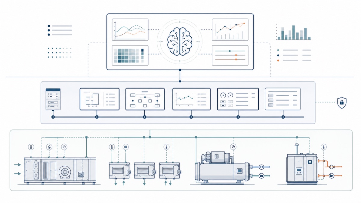 بنية ذكاء اصطناعي إشرافية متعددة الطبقات فوق عناصر تحكم BMS القائمة ومعدات HVAC المحمية